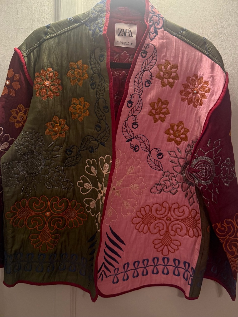 ZARA Embroidered Patchwork Bomber Jacket - Pink, Olive & Burgundy
